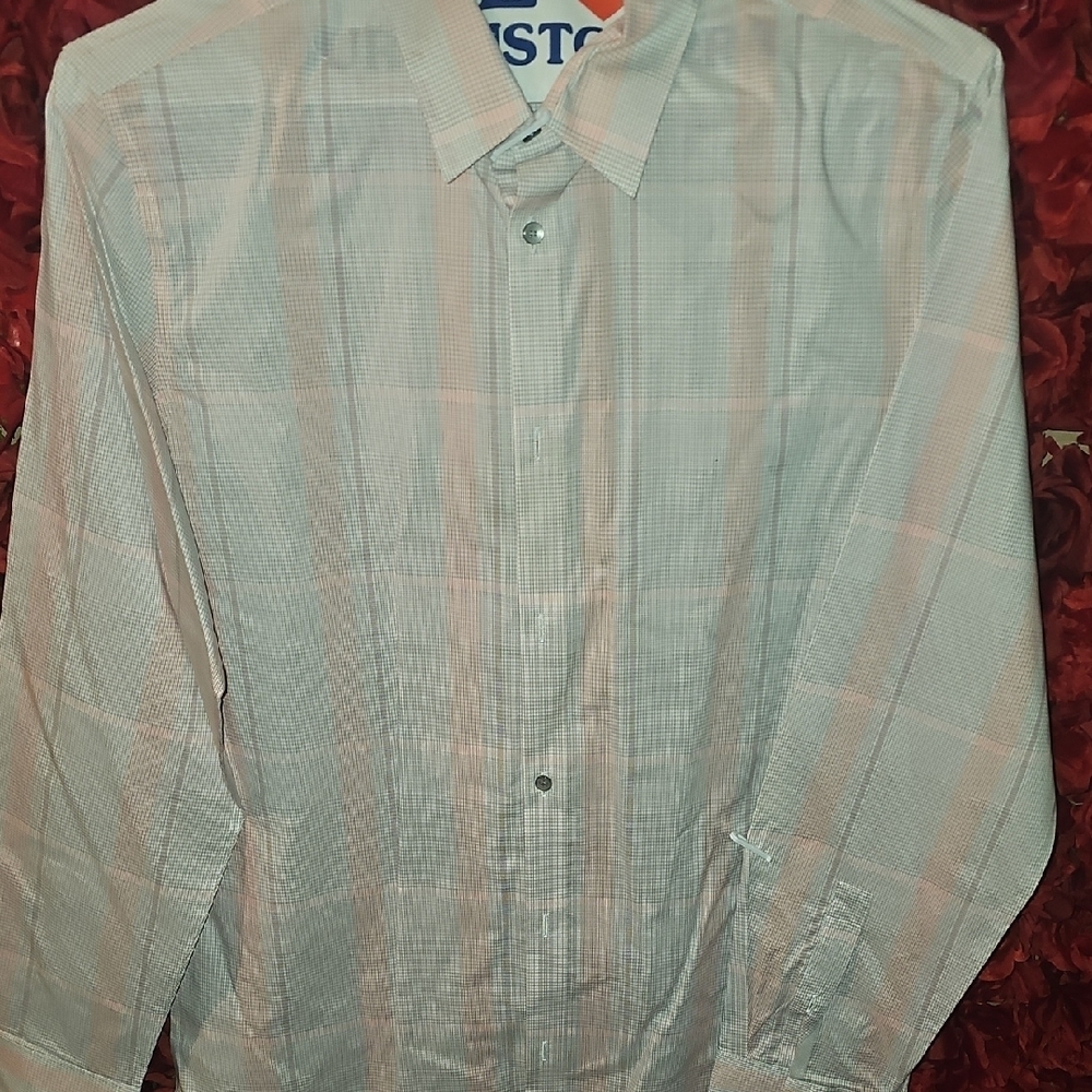 Calvin Klein Men's Subtle Checkered Shirt - Beige and Salmon Size Medium